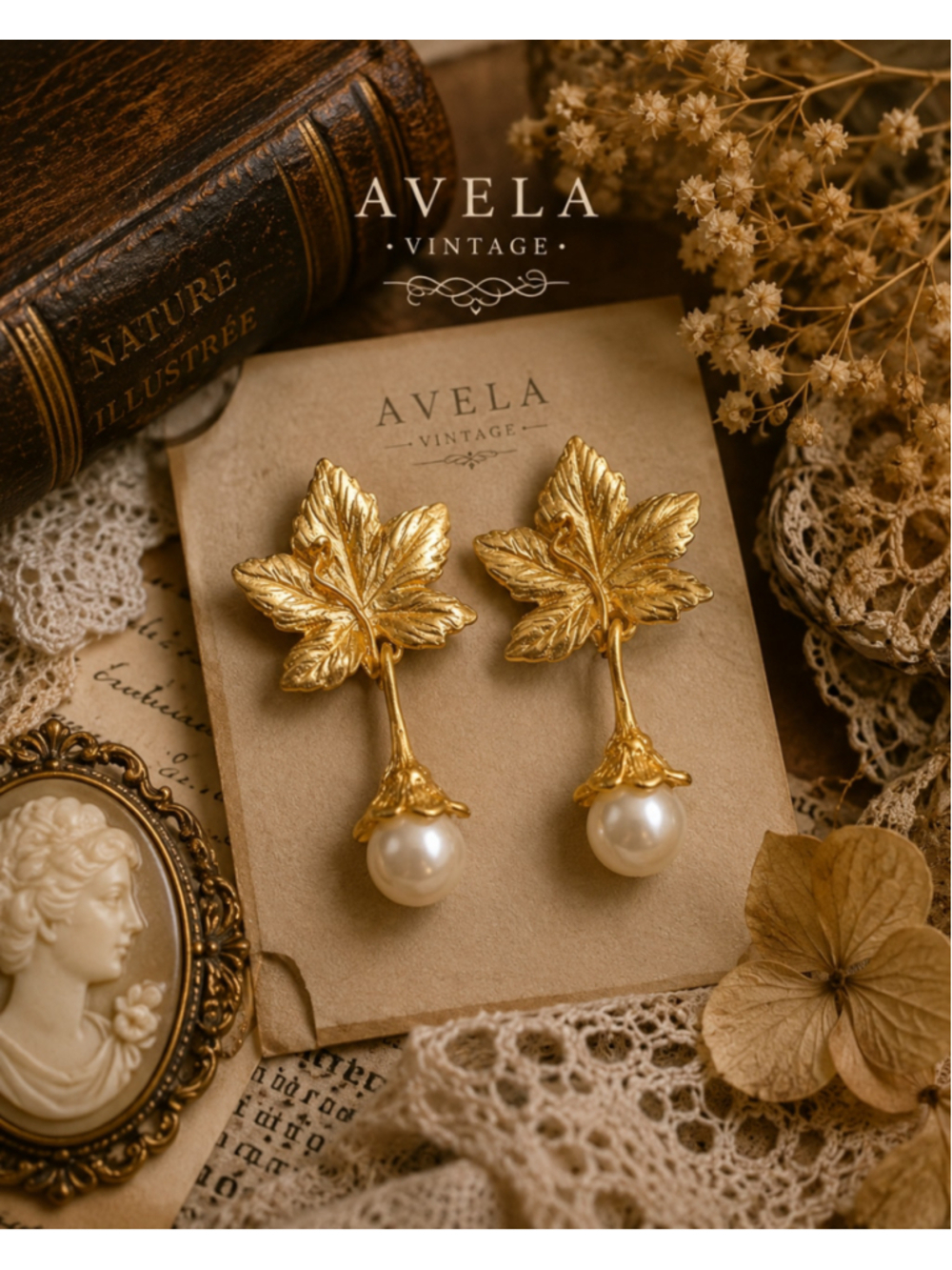 Vintage NOS Gold Tone Leaf Faux Pearl Dangle Clip On Earrings USA Mark